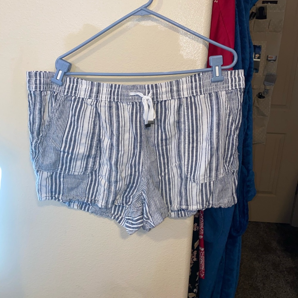 blue grey striped shorts